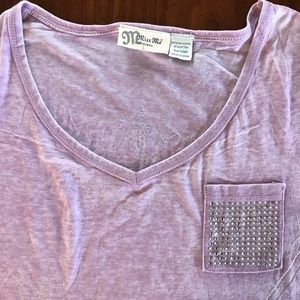 Miss Me Heather Purple Rhinestone V Neck Tee Sz L